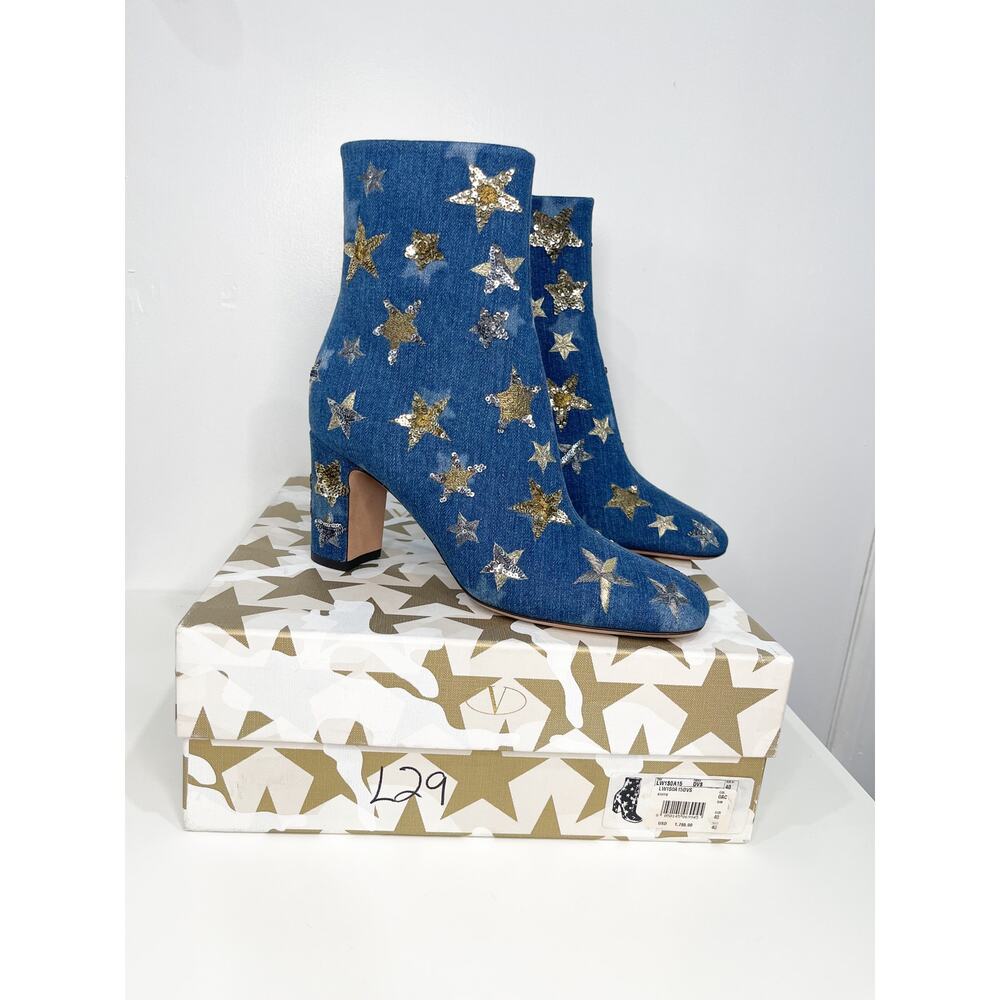 Valentino Garavani Bootie Women's 10 Blue Denim Boot Stars Sequins Embroidered